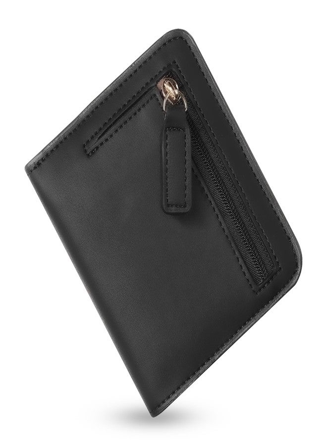 Contacts RFID Blocking Leather Wallet for Men & Women - Slim Bifold Design with Zipper Coin Pocket, ID Window & Multiple Card Slots - Stylish & Compact Purse(Black) - Image 1